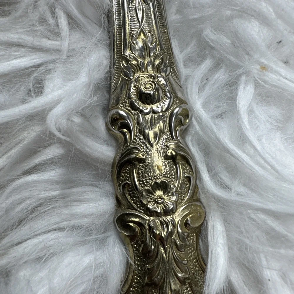 Antique Art Nouveau Handheld Vanity Mirror w/ Floral Brass‎ Design Mid Century